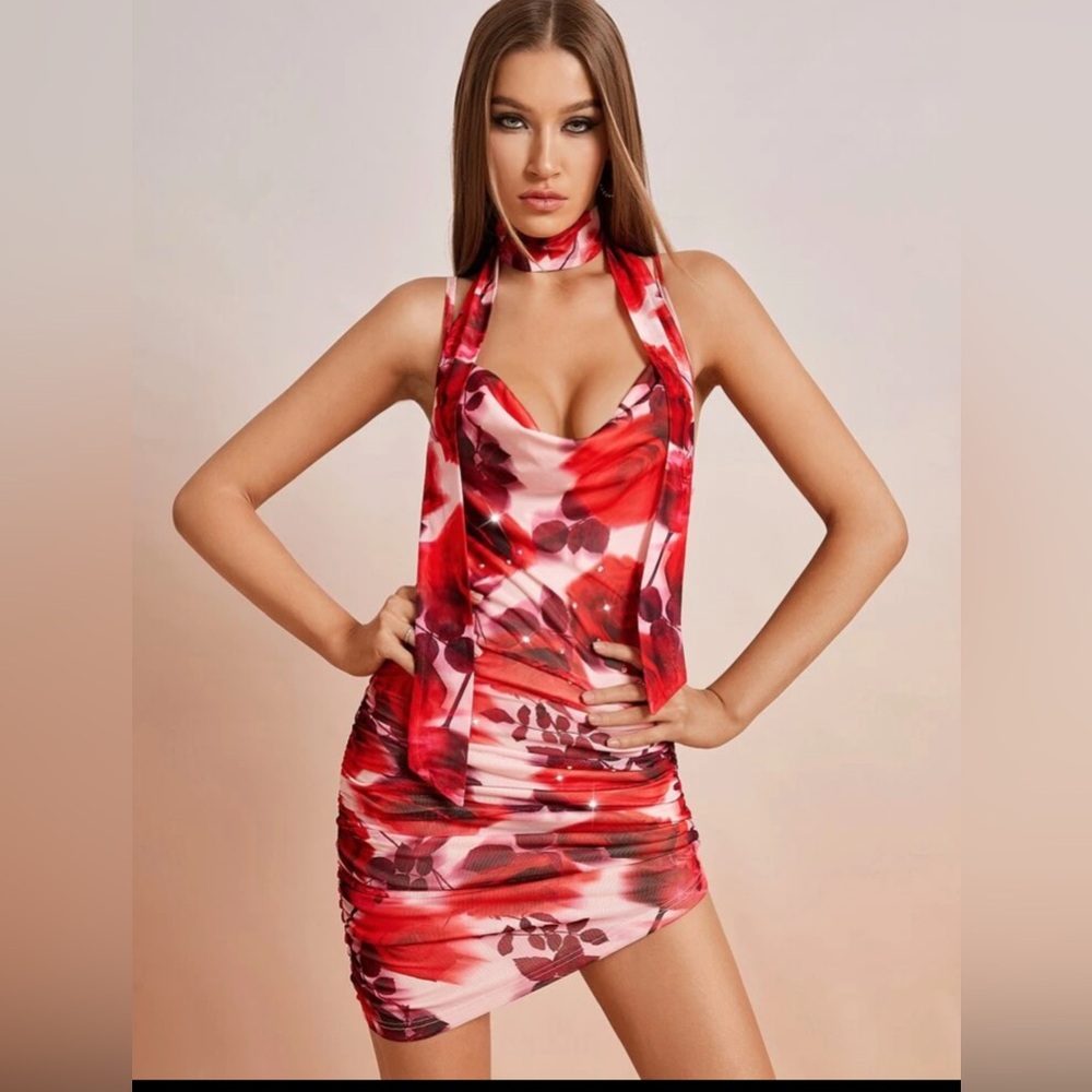 SHEIN Red Ruched Bodycon Mini Dress